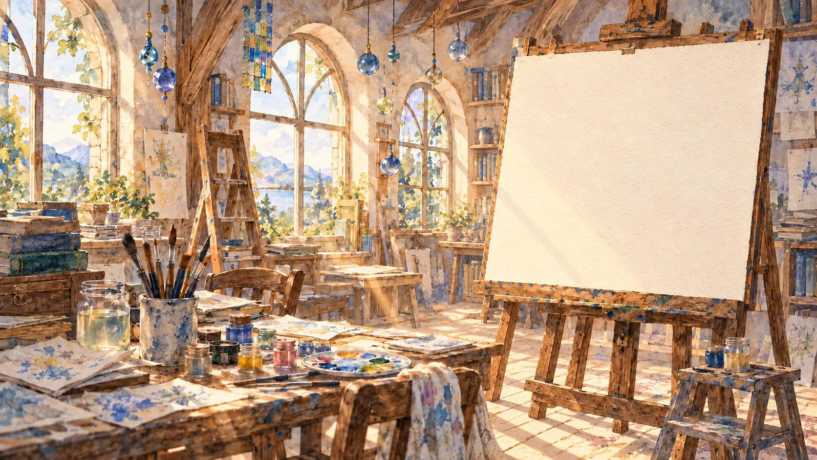 Ein stilles, sonniges Atelier mit einer vollständig leeren Leinwand.