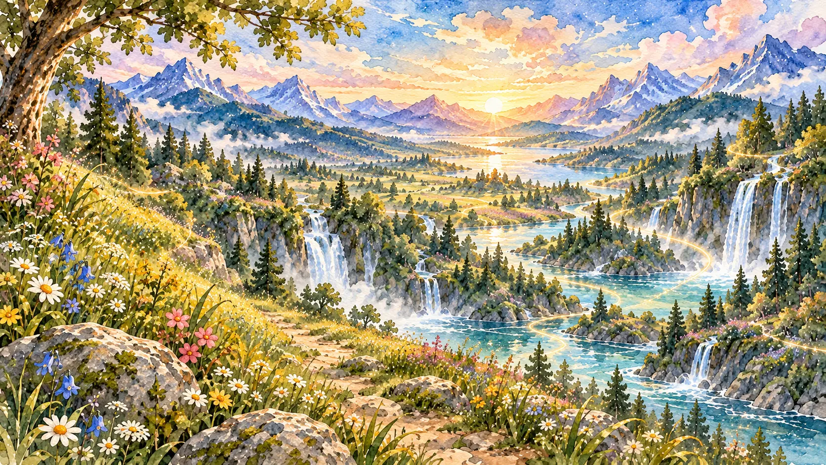 Ein lebendiges Aquarelltal mit Bergen, Wasserfällen, Flüssen, Wiesen und Licht.