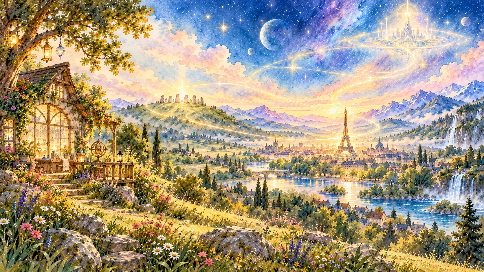 Lichtorte auf der Erde verbinden eine Himmelsstadt, Landschaften und kosmische Wege.