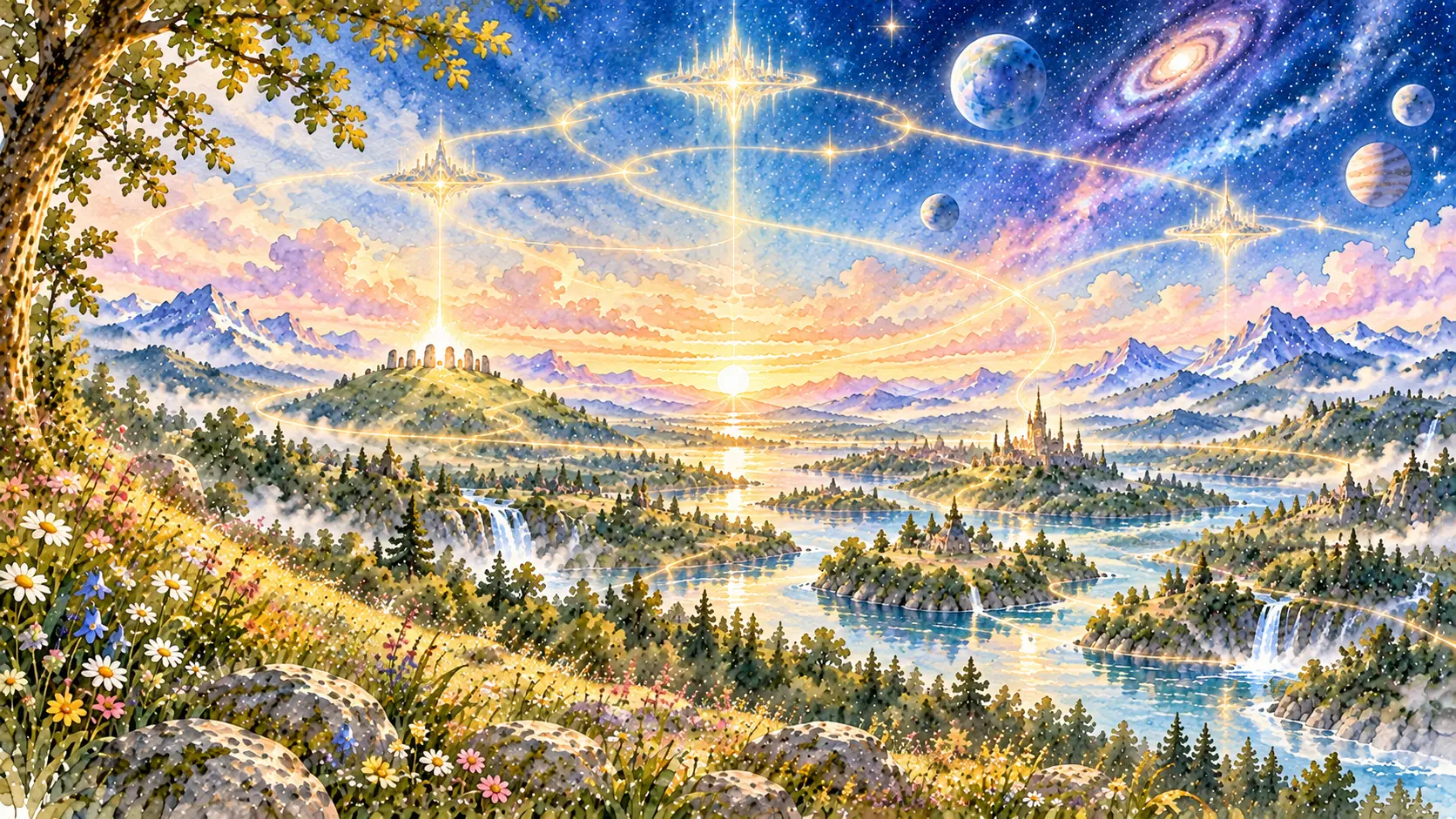 Erde, Natur, Lichtorte und Kosmos bilden eine einzige verbundene Aquarellwelt.