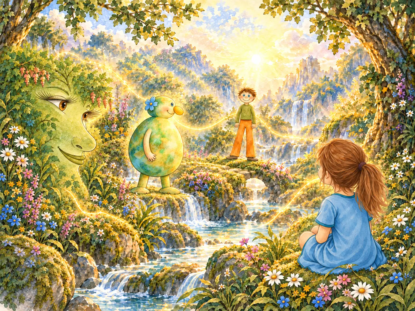 Emely und verbundene Wesen begegnen sich ruhig in einer lichtvollen Naturlandschaft.