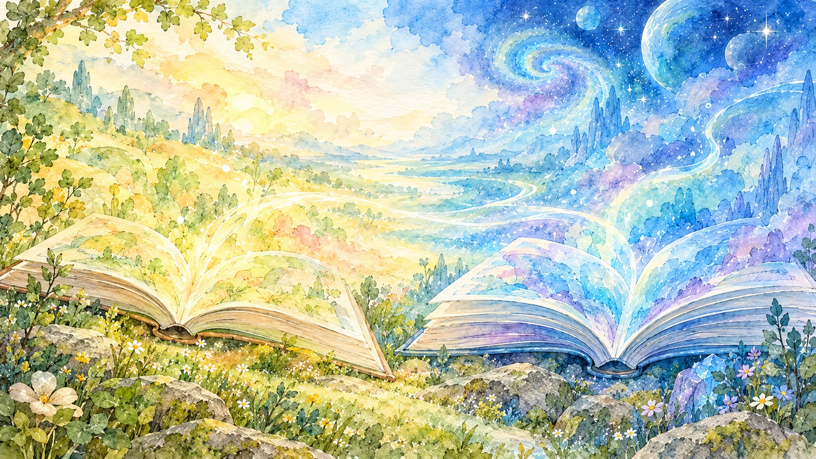 Zwei aufgeschlagene Bücher zwischen Aquarelllandschaft und Kosmos.