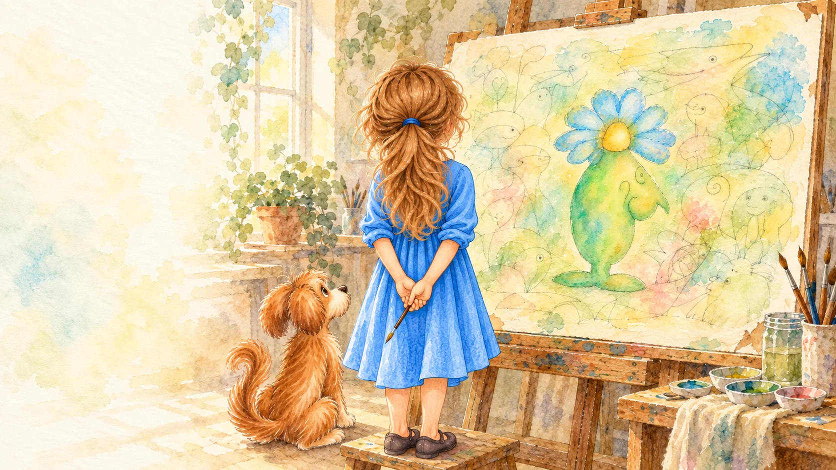 Emely und Sophie betrachten die ersten Konturen von Bolg im Aquarell.