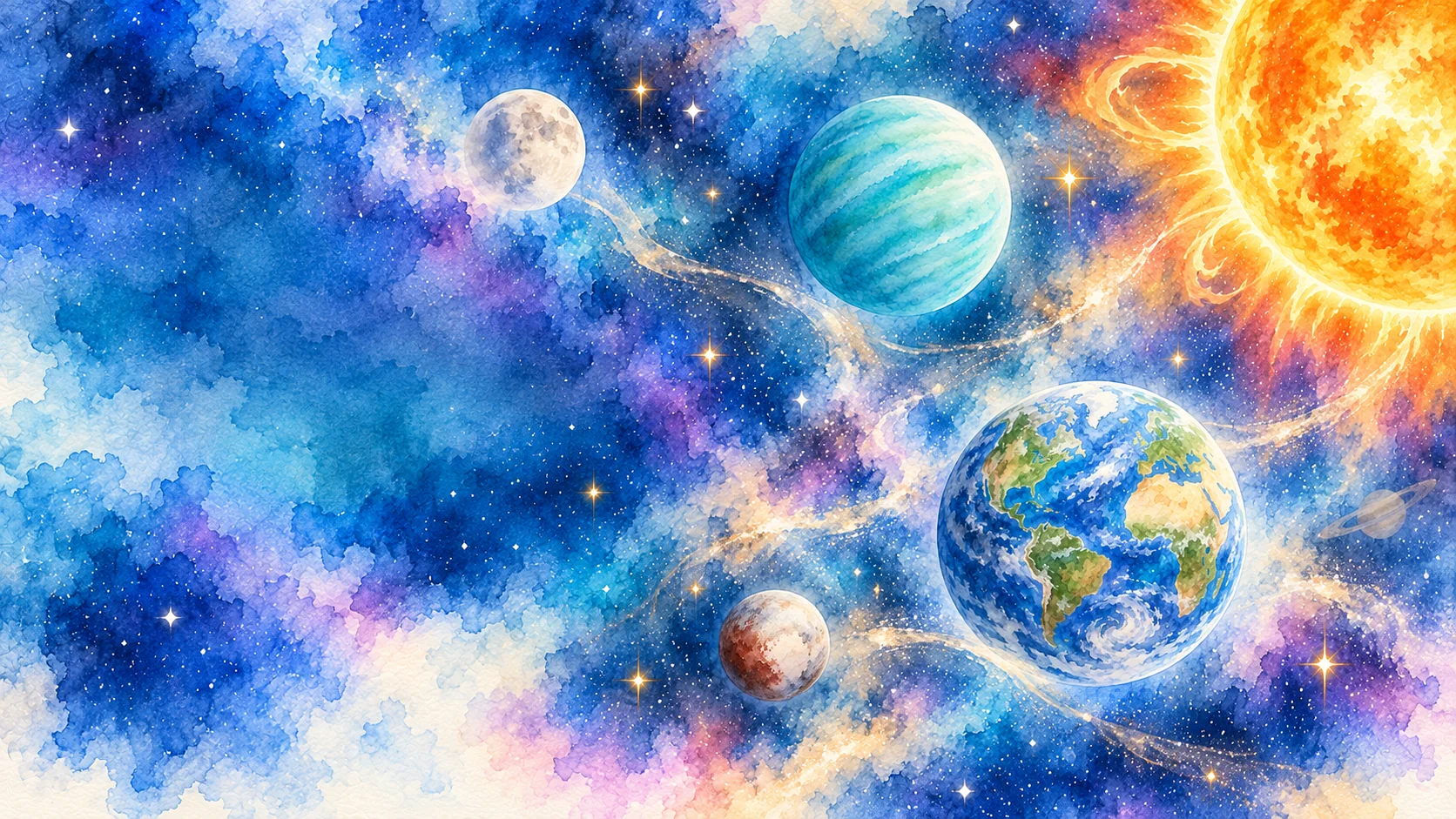 Aquarellkosmos mit Erde, Planeten und Sonne.