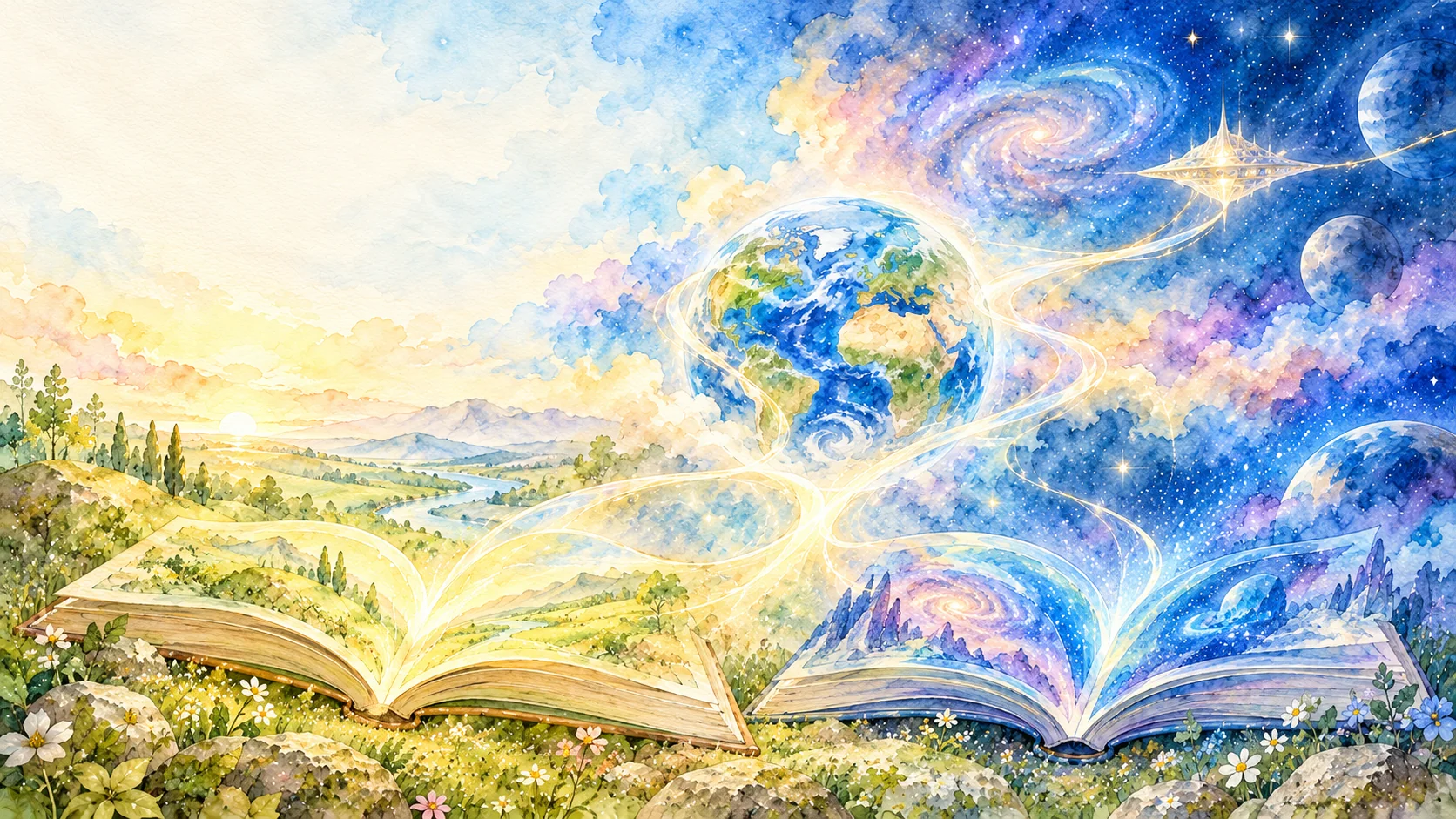 Zwei offene Bücher verbinden eine Aquarelllandschaft mit Erde und Kosmos.